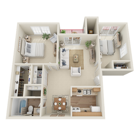 Village Square of Hot Springs 2 Bed/1 Bath 817 sq ft 3D Floor Plan